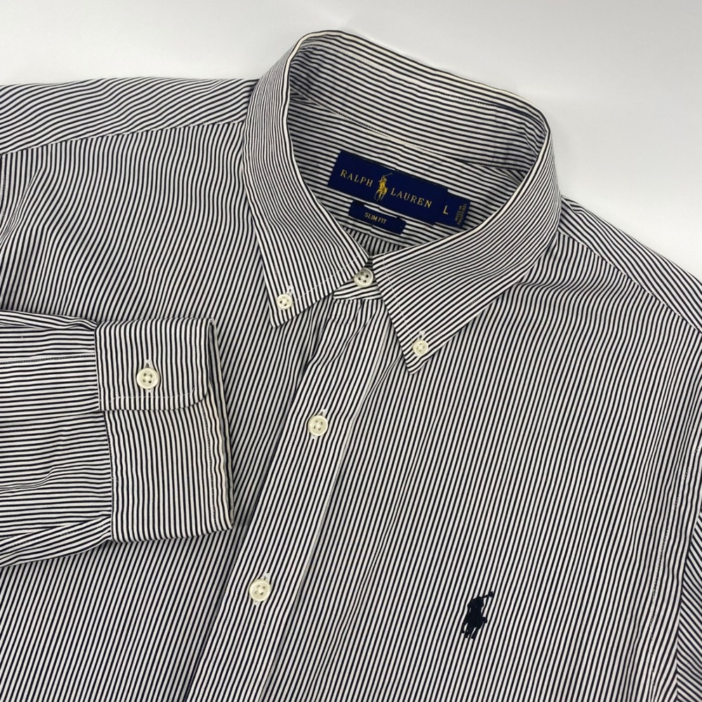 Ralph Lauren Button Down Mens L Black White Stripe Slim Fit Long Sleeve Shirt